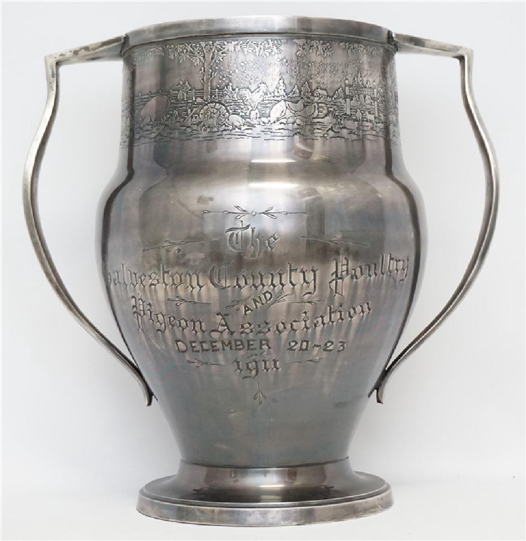 LARGE GALVESTON TEXAS POULTRY TROPHY: Large Galveston Poultry and Pigeon Association's Best of Show Contest Trophy. Engraved December 20-23, 1911, For the largest and best display of Chickens in Show won by Henry Thomas. Definitely the la