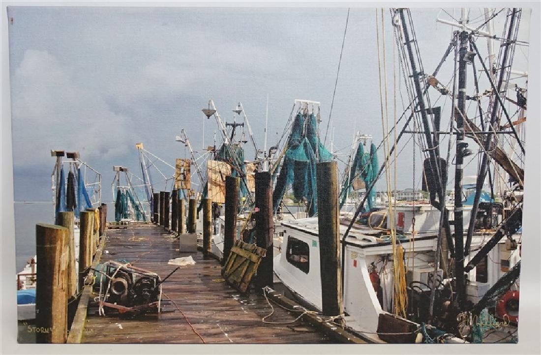 STORMY MORNING SHRIMP DOCK SC: Mark Hilliard, Pawley Island SC artist "Stormy Morning" Giclee Photographic Print. The image is of a working shrimp dock with a storm approaching in the distance. Giclee Photographic Print on Canvas s