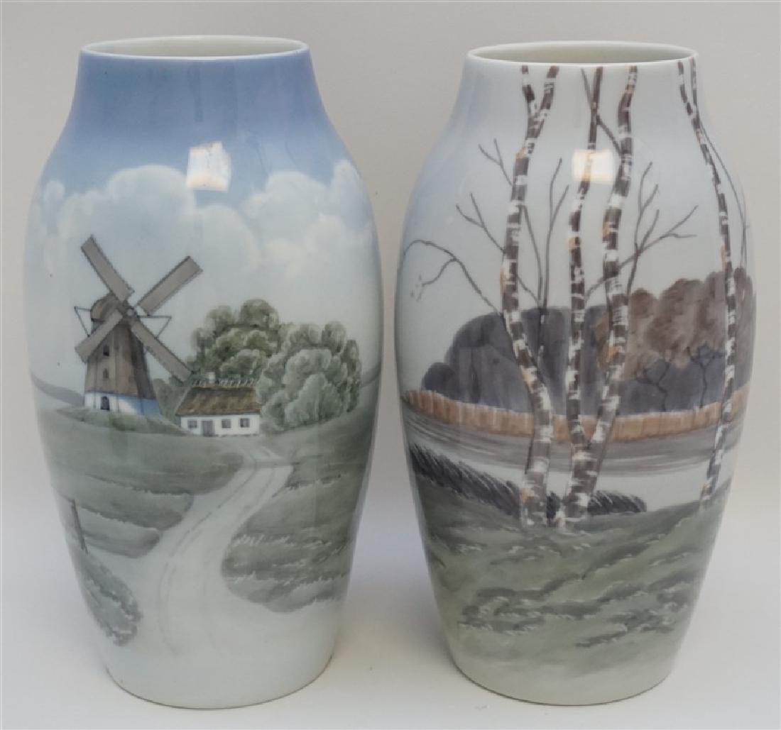 2 BING & GRONDAHL PORCELAIN VASES: 1- Bing & Grondahl porcelain vase decorated with panoramic landscape with birch trees in the foreground. Continuation of a water scene on the back, marked, very good condition 9.75" tall. 2- Bing & Gr