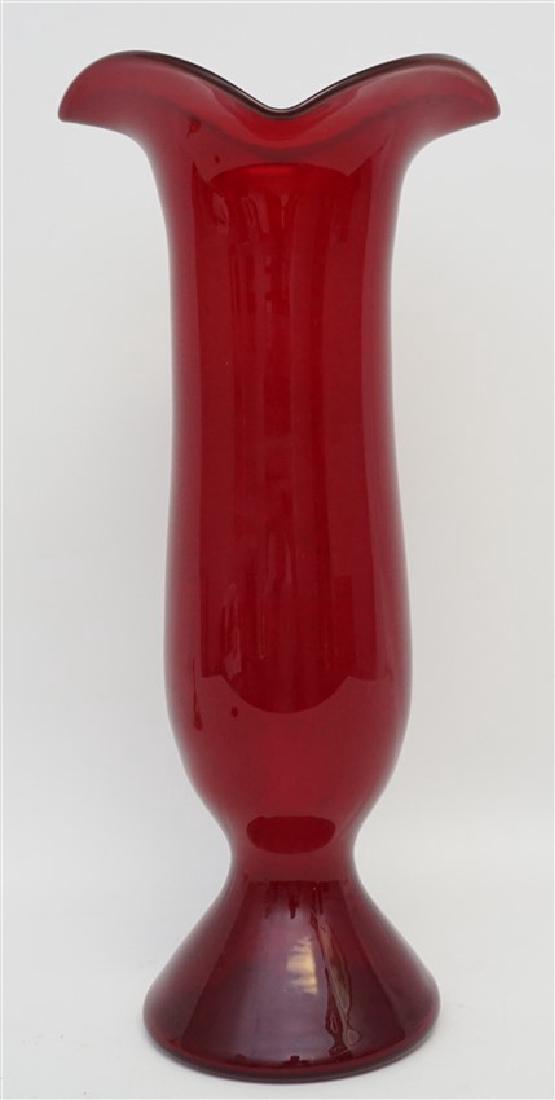 VINTAGE TALL AMERICAN BLOWN RUBY GLASS VASE: American hand blown Ruby glass, conical base, long stem Rose ruffled rim vase. The manufacturer is most like Pilgrim Glass from the 1960s and stands 6" x 13.25" tall. These larger pilgrims were noted 