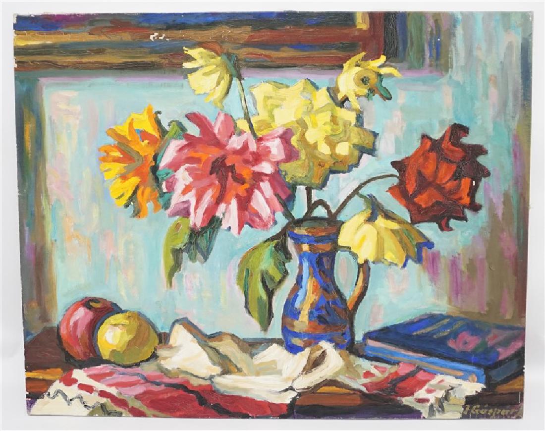 GASPAR ANNI FELEKINE (1902-1992) OIL STILL LIFE: Gáspár Anni Felekiné, Hungarian (1902-1992) Oil on Canvas Still Life. Stunning Mid Century Still Life of a Porcelain Pitcher filled with Flowers on a sideboard with apples and books c. 1940-50s. Si