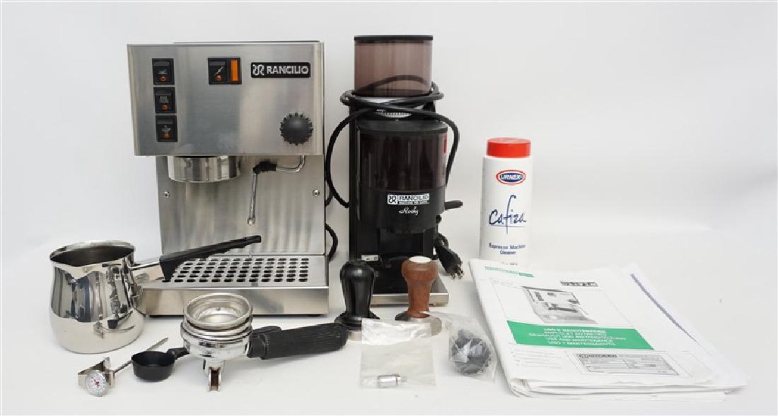 RANCILIO SILVIA ESPRESSO WITH ROCKY GRINDER: Italian Rancilio Stainless Steel Espresso Machine with Rancilio Rocky Grinder. A professional commercial grade setup for the home Barista. Includes 7-gram coffee scoop, 2 tamper, single and double-sho