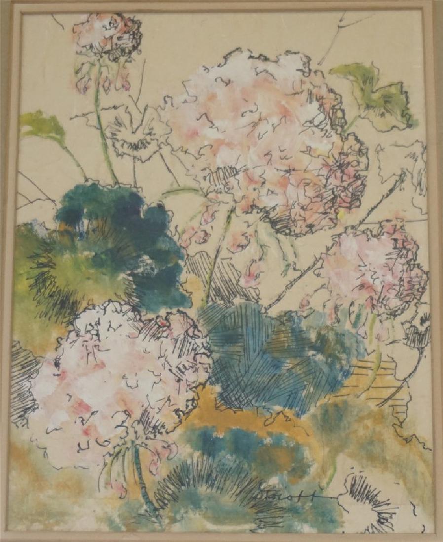 COLEEN COOPER STOIOFF (1926-1993) ORIGINAL: Original Pink Geraniums Acrylic Painting by the late Charleston watercolorist Coleen Cooper Stoiff (1926-1993). Professionally framed and double matted. In frame measures 17"x14"x.75". Weight is 3 pds