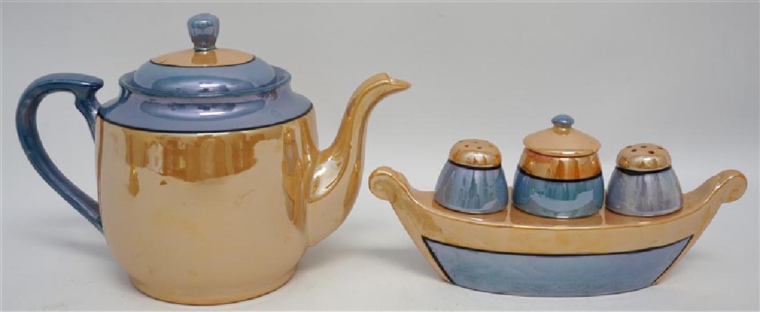 VINTAGE LUSTERWARE TEAPOT & CONDIMENT SET: Vintage Lusterware Condiment Set Boat Gold Blue Made In Japan 7.5" Long 3.75" Tall. Matching Teapot 8"x4.50x6" Tall. Both are marked Made in Japan. Weight on all 1 pd 10 oz.PROVENANCE: A Charleston SC