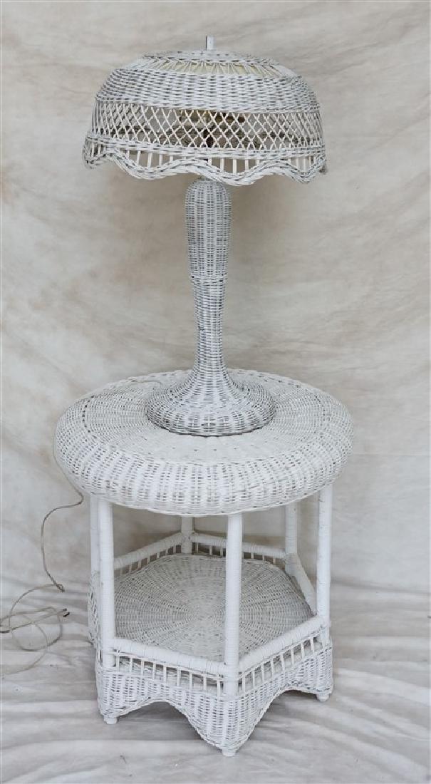 3 PC 1920s WICKER TABLE, PLANTER & LAMP: 3 pc Vintage 1910-1930s Wood and White Painted Wicker. These are the good old pieces not the modern reproductions. Round Table with lower stretcher/shelf, measures 24"x24"x25". Table lamp with wicker