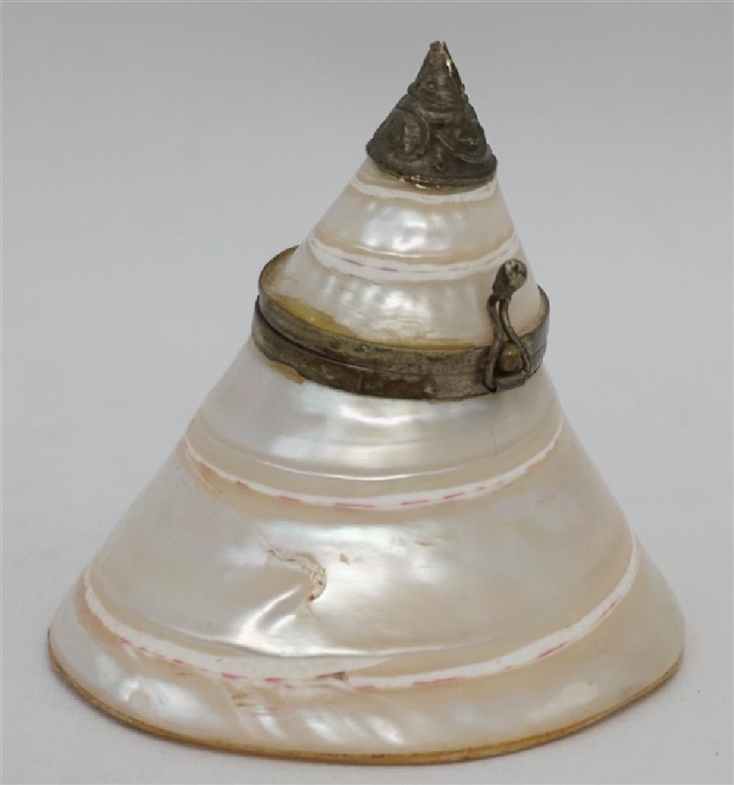 OPALESCENT MOP SPIRAL SHELL SNUFF / TRINKET BOX: Opalescent MOP Spiral Shell Snuff or Trinket Box. Real Shell that has a silver cap lid on top with a latch and bail. Measures 2.50x2.50x2.50". Weight 2 oz.
