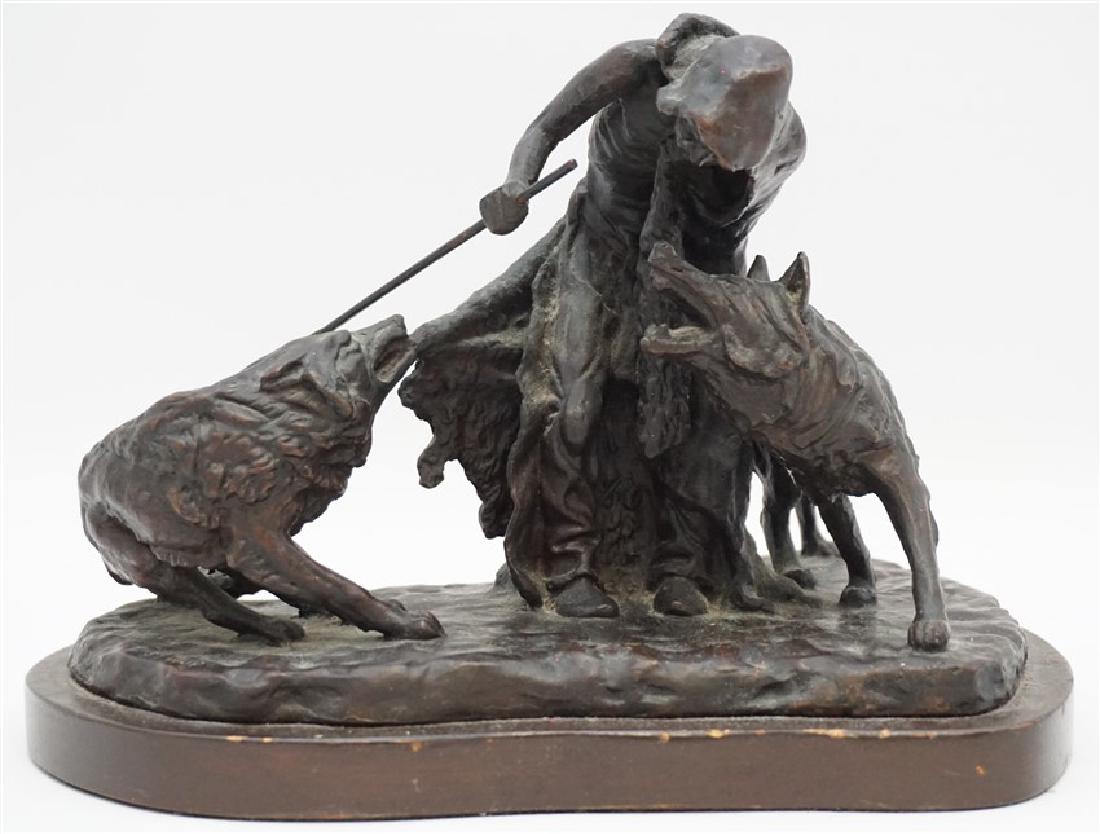 BRONZE NATIVE AMERICAN WITH WOLVES: Vintage 20th c. Bronze Sculpture. A older Native American Man with two wolves, titled Last Coup. Measures 9x6.5x6.5. Weight is 8 pds 7 oz. PROVENANCE: The Estate of a Charleston SC Art Dealer / Galler