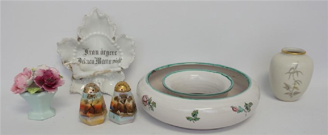 5 pc VINTAGE PORCELAIN AUSTRIA + GERMANY +: A five piece grouping of Vintage Porcelain Items. 1- Small KPM Porcelain Vase 3". 2- Thorley English Bone China Floral Bouquet in Vase 3" tall. 3- Vintage Austria Posy Ring / Flower Frog measures 7x7x