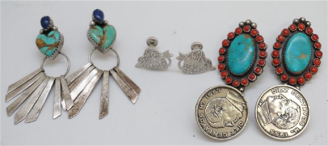 5 PC STERLING NATIVE AMERICAN - TURQUOISE +: 1- Vintage Native American Sterling Silver Turquoise and Coral Clip Back Earrings. 2- Zuni Sterling Pierced Dangle Earrings Lapis and Turquoise Heart Earrings. 3- Mexico 10 Centavos 1957 Coins made in