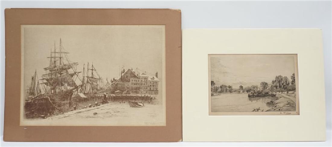 2 ANTIQUE ETCHINGS - COASTAL: 1 - Frederick Leo Hunter American-New York (1858-1943) Etching, New York Slip,signed by the Artist and dates 1881 with Mat measures 24"x18". 2- River with Barge and Bridge, signature illegible. In mat
