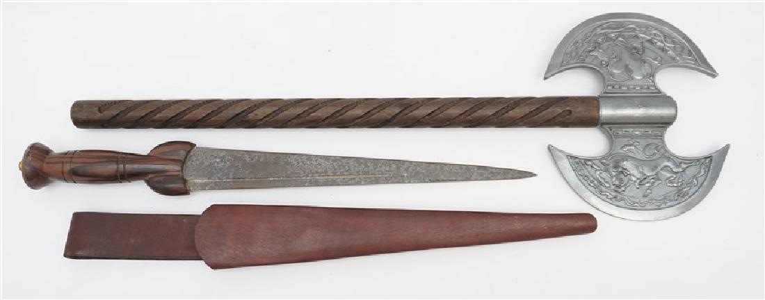 2PC DAGGER & AXE: New old Stock. 1- Decorative battle axe made in Spain 25" long. 2- Long Wood Handle Damascus Knife with leather Sheath. Measures 20" Long. Weight on all 3 pds 10 oz.