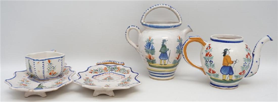 5 PC QUIMPER FRENCH FAIENCE: 5 Pieces of Vintage Henriot Quimper French Faience Items. 1 Teapot no lid 5.50" tall and a 9" tall Ewer handle broken and glued on, 2 long cup saucers 10.25" in good condition, 1 cup with thin hairlin