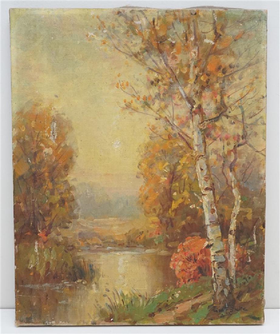 ORIGINAL GEORGE F. SCHULTZ (1869-1934) OIL: Unframed George F. Schultz (1869 - 1934) Oil on Canvas Birch and Stream Landscape. Born in Chicago on 17 April 1869, George F. Schultz was taught by his father to love art and the beauties of nature.�
