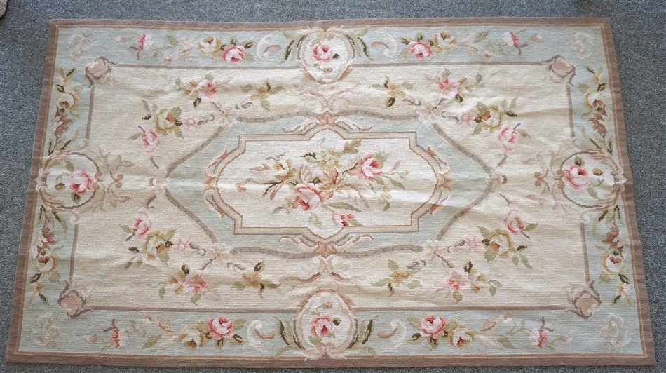 FRENCH AUBUSSON RUG ROSES: Vintage French Aubusson Rug. Classic colors of sage green, taupe and pink roses. In good condition, measures 58"X35". Weight 4 pds. PROVENANCE: A Charleston SC Private Estate