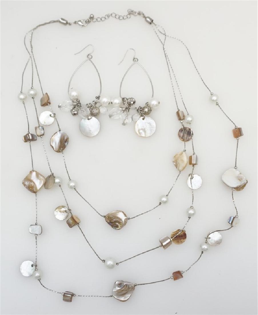 MOP PEARL JEWELRY DEMI PARURE: A perfect summertime demi parure. A triple strand pearl, MOP and abalone necklace on silver chain, 21" opened. Matching pearl, crystal, silver balls and MOP pierced hoop earrings. Weight 3 oz.
