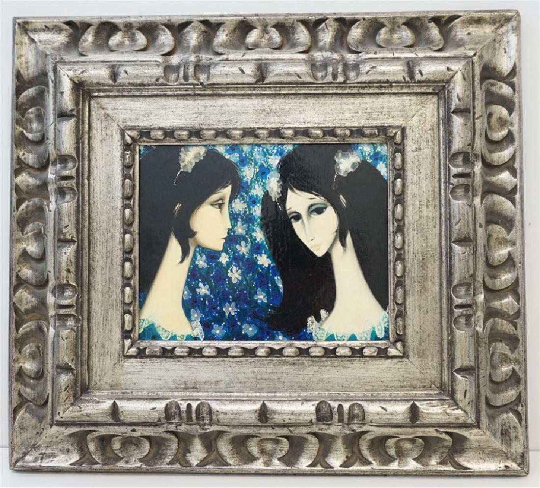 PATI BANNISTER (1929-2013) ORIGINAL OIL: Pati Bannister (American/New Orleans, 1929-2013) Original Oil on Masonite "Two Faces". Signed "Pati" lower right. Professionally framed at her gallery in a Silver Wood Frame. Wonderful Mid Century, ea