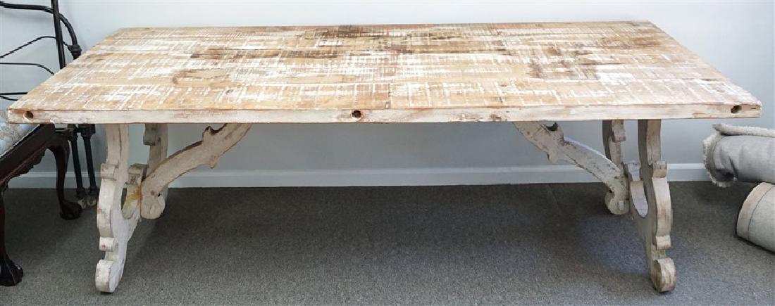 LARGE FARMHOUSE DINING ROOM TABLE: This beautiful farmhouse dining table features a natural distressed painted white wood top made from reclaimed pine and a reclaimed baluster trestle bottom, perfect for large gatherings with family an