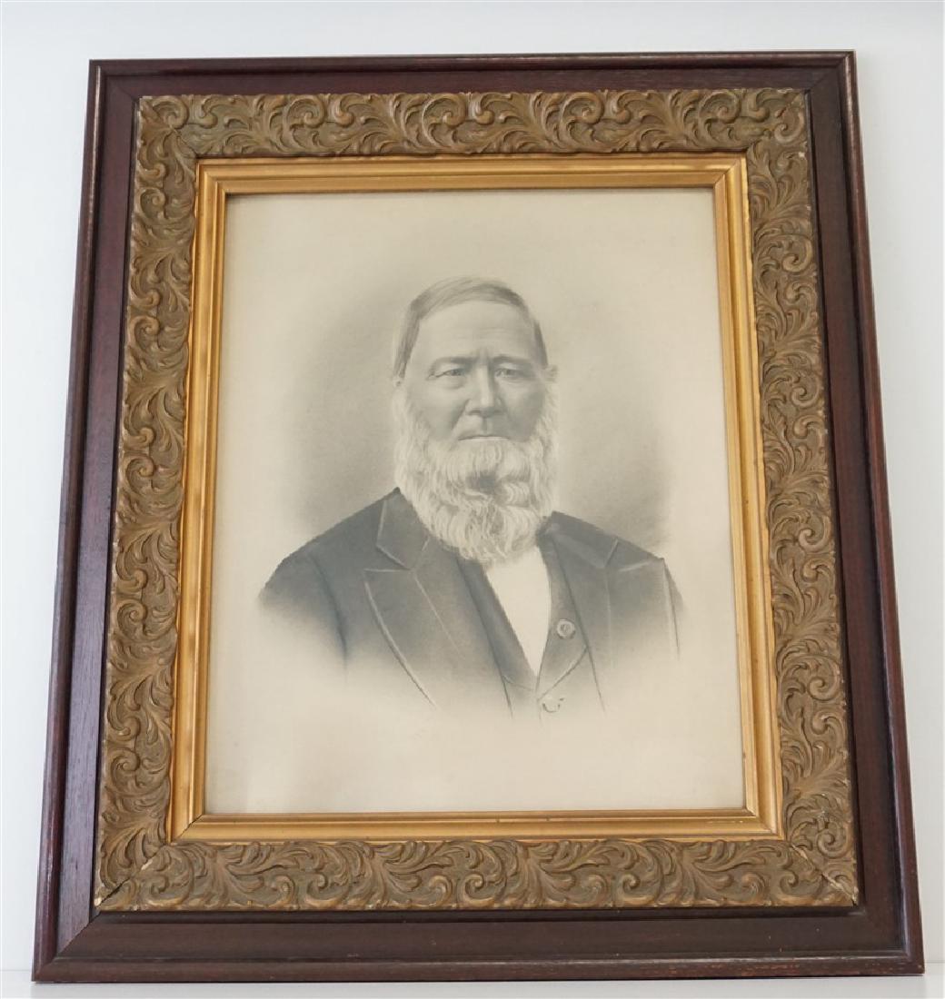 19th c. GENTLEMANS CHARCOAL PORTRAIT: Late 19th c. Photographic Gnetlemans Portrait. In Original Period Wood and Gesso Frame. Measures 25 x 29 x 2" in frame; 15.5 x 19.5 image. Weight is 10 pds 5 oz. These old, large charcoal-like drawing