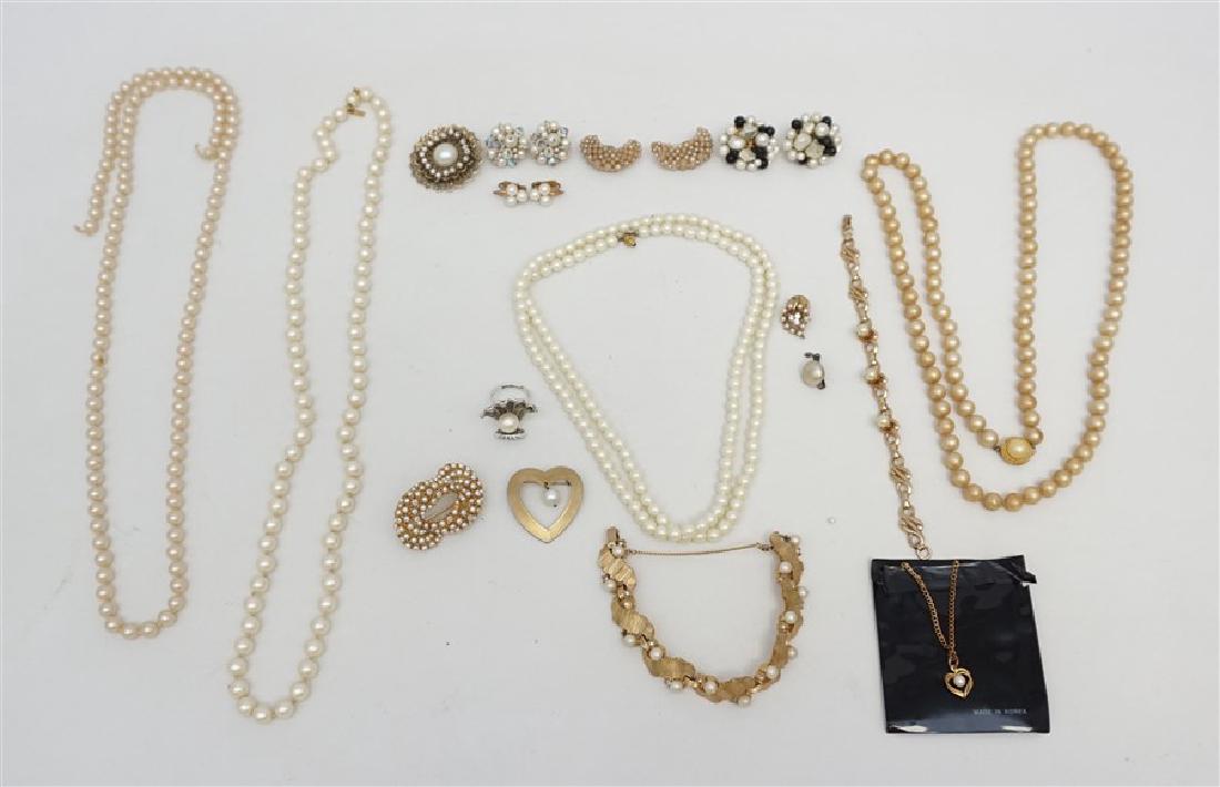 17 Pc VINTAGE PEARL COSTUME JEWELRY: All Vintage 1940-1970s. 1- Crown Trifari Gold Tone Pearl Necklace 34" when opened. 2- Pierced Filigree Brooch 1.50". 3- Crown Trifari Brushed Gold Tone Pearl & Rhinestone Bracelet with safety chain ,