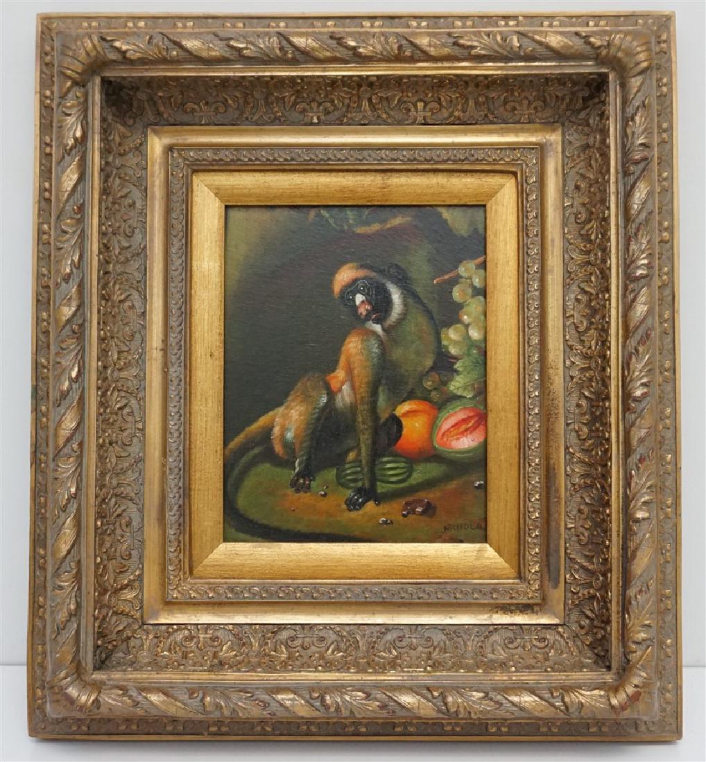 MONKEY OIL ON CANVAS - NICHOLAS: 20th Century Monkey with Fruit Oil on Canvas signed Nicholas. In ornate gilded wood gallery frame. Measures 16.50"x18.50"x4". Weight 8 pds 6 oz. PROVENANCE: A Charleston SC Private Estate.