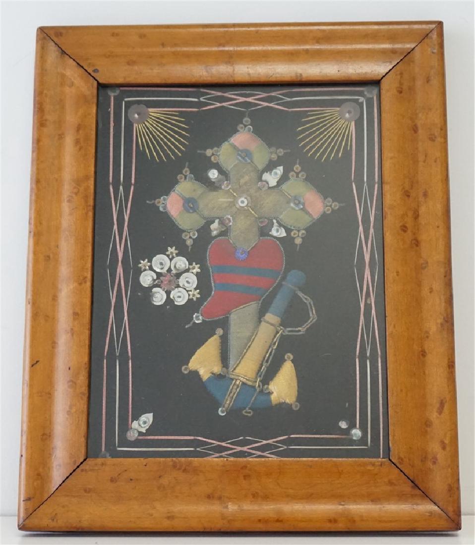 VICTORIAN FAITH HOPE CHARITY STUMPWORK: Antique Victorian c. 1880 Faith Hope and Charity Stumpwork. Beautifully and skillfully done on black velveteen. In Birds Eye Maple Frame. Measures in frame 9"x11"x1". Weight 1 pd 5 oz.