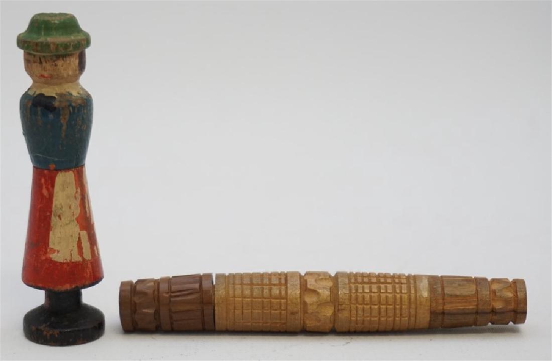 2 ANTIQUE BODKIN / NEEDLE CASES: Two Victorian Era Wooden Bodkin / Needle Cases. The first a German figural standing woman carved and painted wood case measuring 3" tall . The next a carved case approximately 4". Great additions to a
