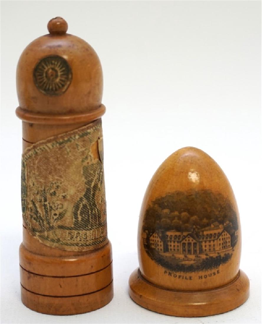 2 WOOD MAUCHLINE WARE SPOOL & NEEDLE CASES: 1 - Antique 19th c. Mauchline Ware Profile House, New Hampshire Thread Spool Holder. Acorn Shaped, measures 1.75" tall. 2- Beautifully turned German Victorian wooden treen lighthouse shaped needle cas