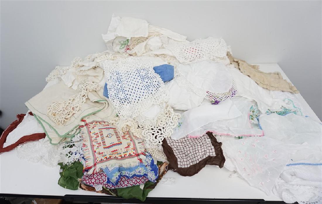 LARGE BOX LINENS - HANKIES: A large box of Antique and Vintage Linens, Doilies and Hankies. Victorian and Edwardian all the way through the 1950's. A massive group for the Collector or Dealer. Hand tatted lace trim, skillful emb