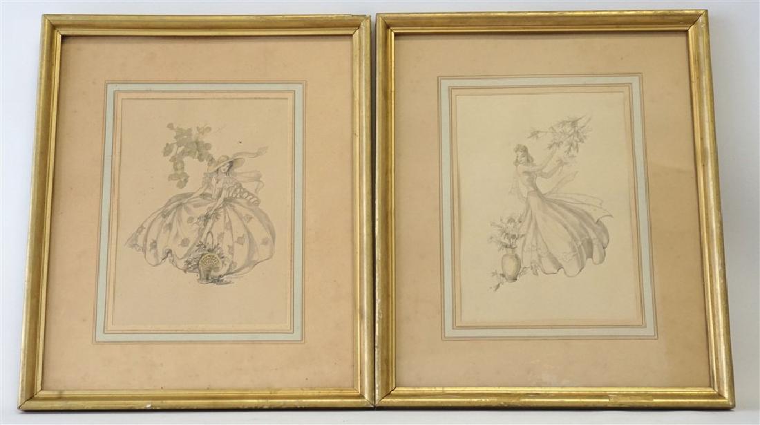 PAIR MAUDE EGGEMEYER (1877-1959) WATERCOLORS: A pair of Vintage Original Pencil and Watercolor Drawings by Maude Kaufman Eggemeyer. Framed and matted in gilt wood frames. Each 11"x13"x.75". Weight is 2 pds 9 oz. A plein-air painter of landscapes 