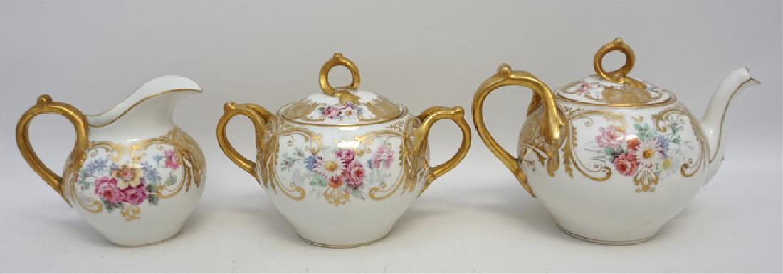 ANTIQUE c. 1900 LIMOGES PORCELAIN TEA SET: Antique DeLinieres & Cie (D&Co) France / L Bernardaud & Co. Limoges Hand Decorated Gilded Tea Set. Teapot, creamer and sugar. All in good condition. Retailed by Higgins and Seiter of New York. Because