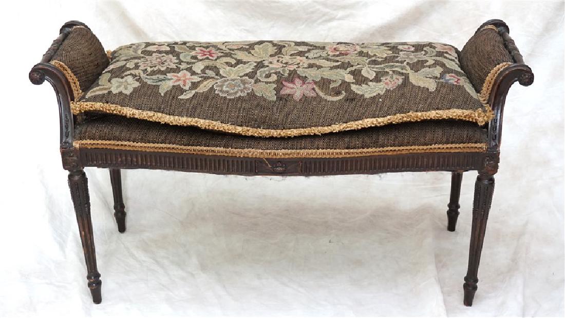 19th c. NEOCLASSICAL TAPESTRY BENCH: Antique Neoclassical Bench with Tapestry Upholstery. Measures 40"x17"x22". PROVENANCE: The Estate of Sumner Pingree Jr, Brays Island Plantation, SC **Pickup only or Shipping on this item offered throu