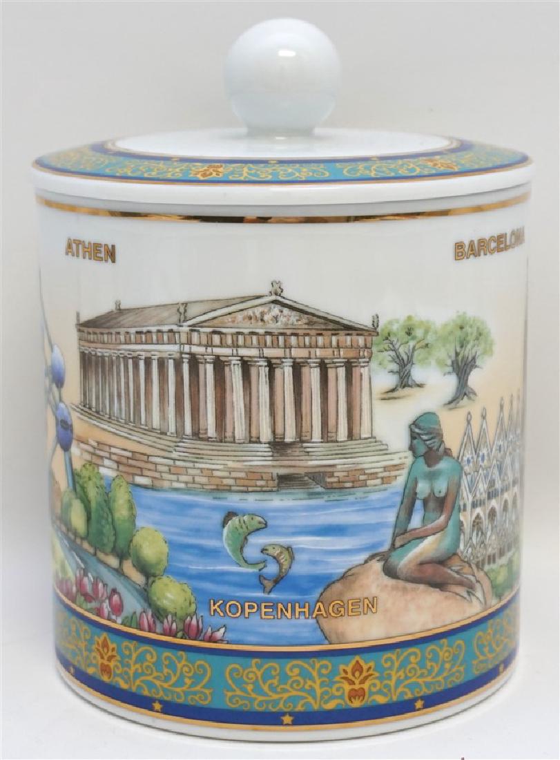 SELTMANN WEIDEN PORCELAIN COOKIE JAR: Seltmann Weiden Schmidt Bavaria Porcelian Cookie Jar. With various European Cities and Landmarks. Excellent Condition. Measures 5.75"x5.75"x7.50". Weight is 2 pds.