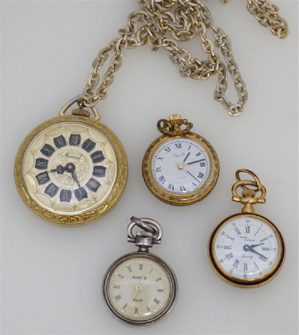 4 LADIES PENDANT / POCKETWATCHES: All 20th century. All are Vintage. None are running. Three are battery and need new batteries. 1. Marcel Swiss Pendant Watch with chain. 2- Navia Argent Massif Pendant Watch. 3- Marc Antoine Enameled