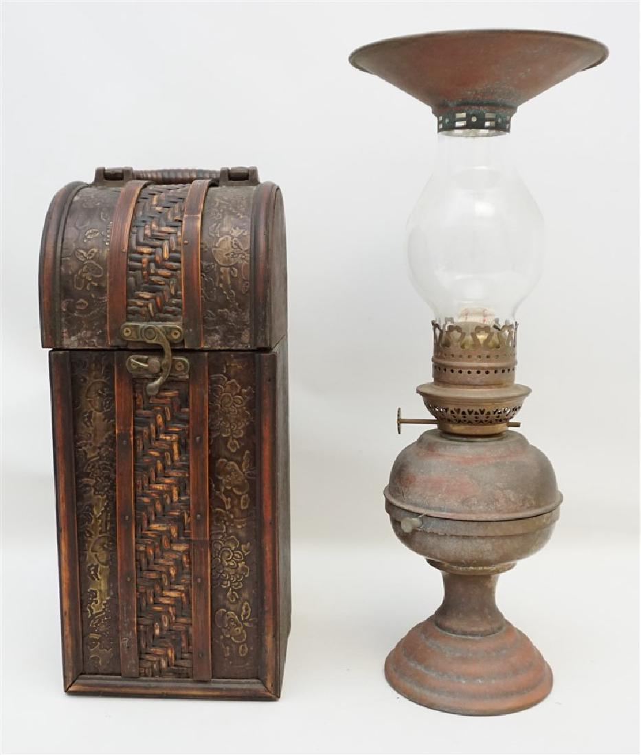 2 pc R.V. BORDEAUX OIL LAMP & WINE BOX: 1- Antique 19th c. R.V. Bordeaux Brass and Copper Oil Lamp with brass reflector. The wick adjustor knob features the insignia for R.V. Bordeaux, a Paris merchant who sold burners by Wild & Wessel of B