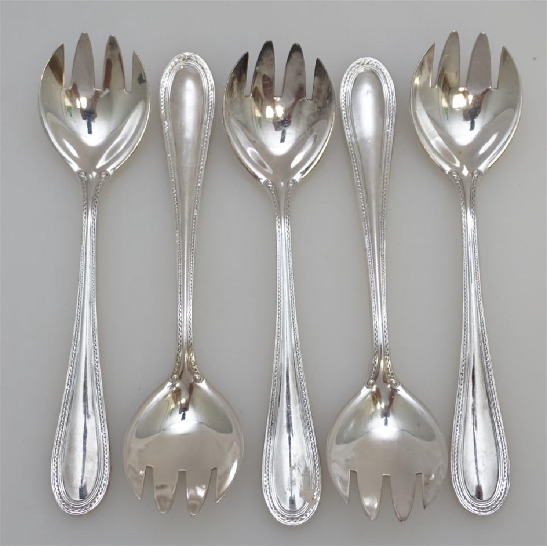 5 TIFFANY 1903 NORMAN ICE CREAM FORKS: Five Antique Tiffany pat. 1903 Norman Pattern Silver Plated Ice Cream Forks. An elegant way to enjoy your summer sorbet or ice cream. The original sporks! Each measures 5 1/2" long. Weight is 6 oz. PR