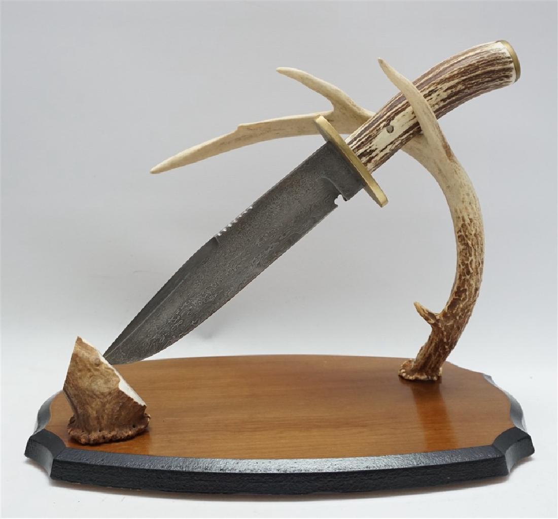 BOWIE KNIFE WITH ANTLER HANDLE & STAND