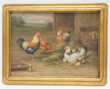 EDGAR HUNT (1876-1955) BARNYARD CHICKENS: Edgar Hunt (1876-1955) Oil on Canvas Barnyard Scene Chickens and Roosters. Signed and dated 1929, lower right. Measures In Frame 17.50"x13.50"x1. Stretcher 16"x11". Weight is 2 pds. PROVENANCE: The Es