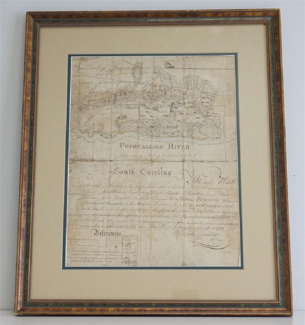 1798 ORIGINAL BRAYS ISLAND SC SURVEY: 18th c. Original and Important 1798 Brays Island South Carolina Survey. Surveyed, drawn by and illustrated by John Goddard. Depicting the Island and Plantation when owned by John Bowman. Displaying th