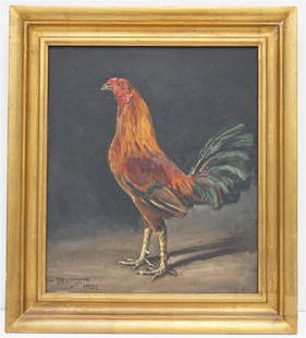 FRANKLIN BROOKE VOSS ROOSTER OIL ON CANVAS: Franklin Brooke Voss ( American 1880-1953) Oil on Canvas - Rooster. Unusual for Voss who specialized in Champion Horses. Undoubtedly someone's champion. Signed by the artist lower right and dated 1931