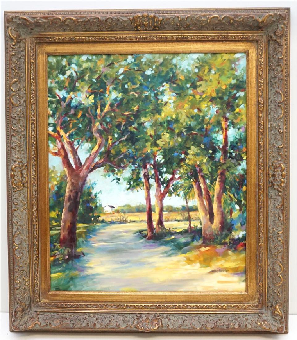 NANCY HOERTER ORIGINAL OIL ON CANVAS: Nancy Hoerter Original Oil on Canvas Southern Landscape. Signed by the artist lower right. Professionally Framed in gilt wood frame. In frame easures 28"x33"x3". Stretcher 20"x24". Weight 10 pds. PROV