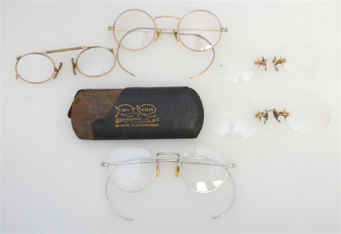 5 ANTIQUE PINCE NEZ & EYEGLASSES: Two Antique Gold and Silver Framed Spectacles and 3 Antique Pince Nez. Pince-nez are a style of glasses, popular in the 19th century, that are supported without earpieces, by pinching the bridge of th