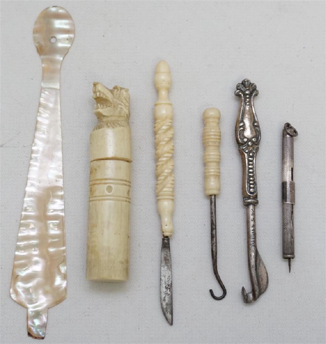 6 PC VICTORIAN SEWING ACCOUTREMENTS: 1- 19th c. Bone Hand Carved Figural Wolf Needle Case 3". 2- Antique MOP Bodkin Ribbon Threader 5". 3- Retractable Sterling Silver Thread Cutter 2". 4- Silver Button Hook Patented 1892. 4". 5- Bone Tur