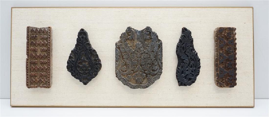 5 INDIAN CARVED WOOD FABRIC PRINT BLOCKS MOUNTED (1 of 6)
