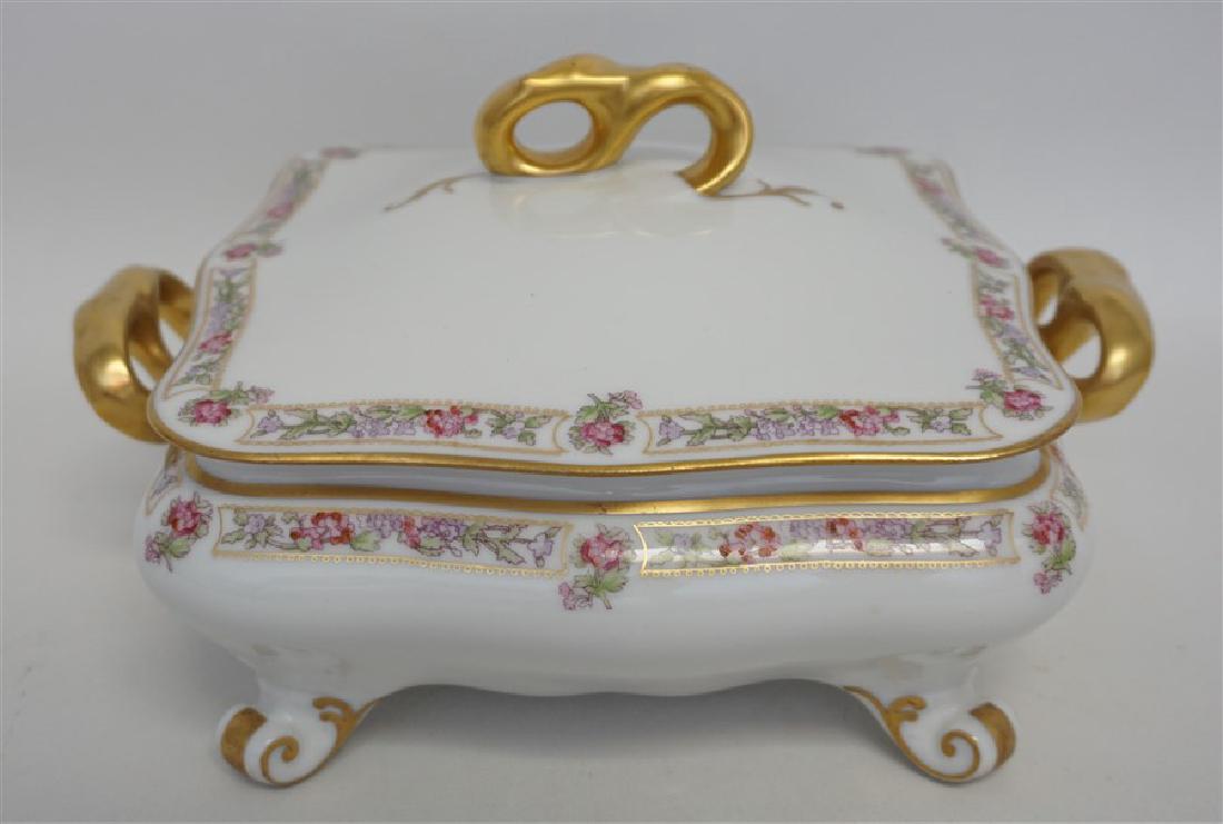 LATRILLE FRERES LIMOGES PORCELAIN TUREEN: Antique Latrille Freres Limoges Covered Footed Square Tureen / Dish. A delicate pattern that features light pink rose bouquets with lavender ties on white background with heavy gilt accents. In very g
