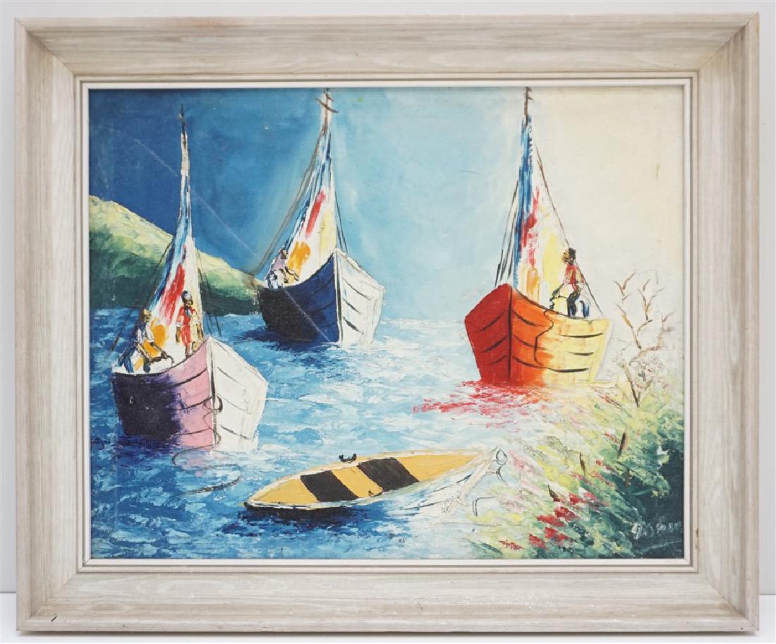 MID CENTURY PAINTING OF BOATS: Mid Century Acrylic on Canvas Impressionist Boats. Signed lower right. G. Jose. Professionally framed, measures 19"x24"x2 deep. Weight 4 pds. PROVENANCE: A Charleston SC Private Estate.