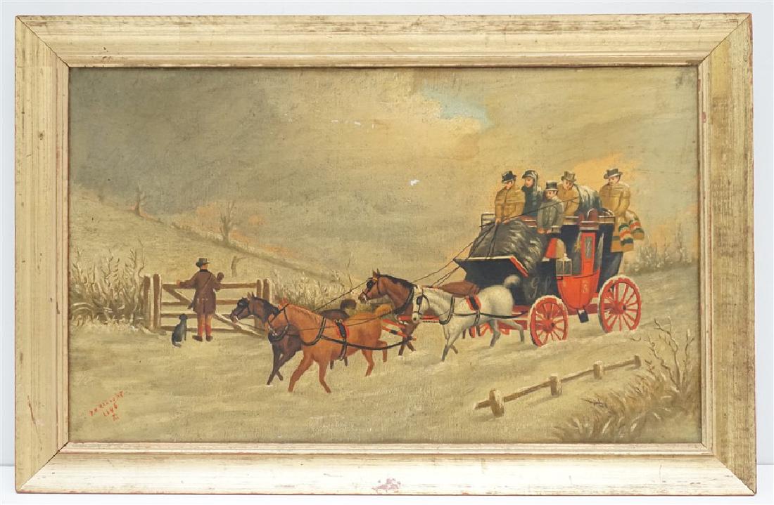 C. 1886 OIL ON CANVAS COACHING SCENE: Antique Oil on Canvas English School Coaching Scene. A four horse Coach on a snow filled country road. Signed lower left, signature hard to read and dated 1886. From a New York Estate, originally sold