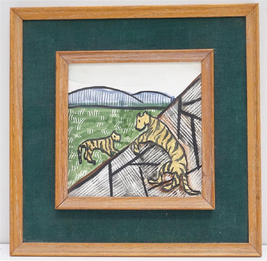 HARRIS STRONG MID CENTURY TIGERS TILE: Harris G. Strong (1920-2006) Fabulous Mid Century Tigers Tile. Whimsical and charming, the tile is in the original frame as purchased. Measures 11"x11"x1". Weight is 1 pd 4 oz. Harris G. Strong was bo