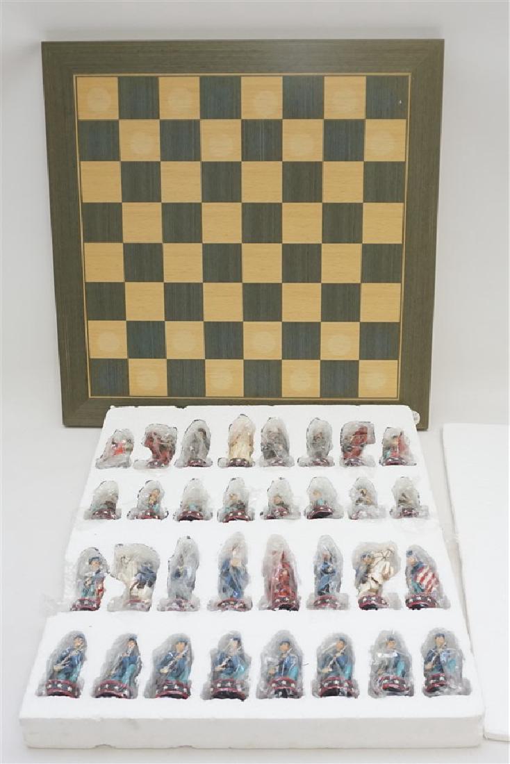 CIVIL WAR CHESS SET: In Original Box. New Old Stock. Civil War chess pieces that come alive. Masterfully detailed Union vs Confederate armies face one another on the matching battlefield. The Civil War chess set is a prem