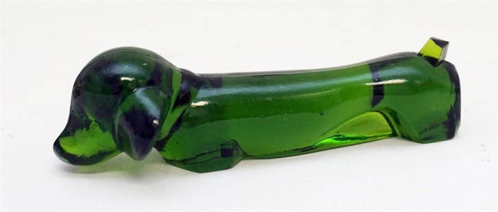 LUCIENNE BLOCH "TAKSHOND" FOR LEERDAM: Lucienne Bloch for Leerdam, 'Takshond', circa 1940, a green glass dachshund paperweight / figure, model 2215. Note: an example of this figure is in the collection of the Dutch National Glass Museum. M