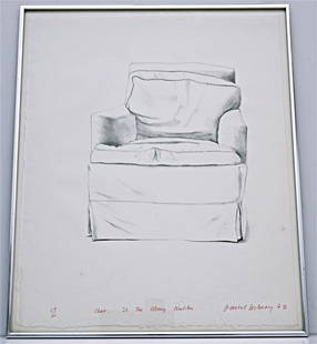 DAVID HOCKNEY SIGNED CHAIR 38 COLONY MALIBU: David Hockney (b.1937) rare, very limited edition lithograph, 1973, Chair 38 Colony Malibu on Amgoumois handmade paper, signed, titled and dated in red crayon by the artist, numbered 27/60, published